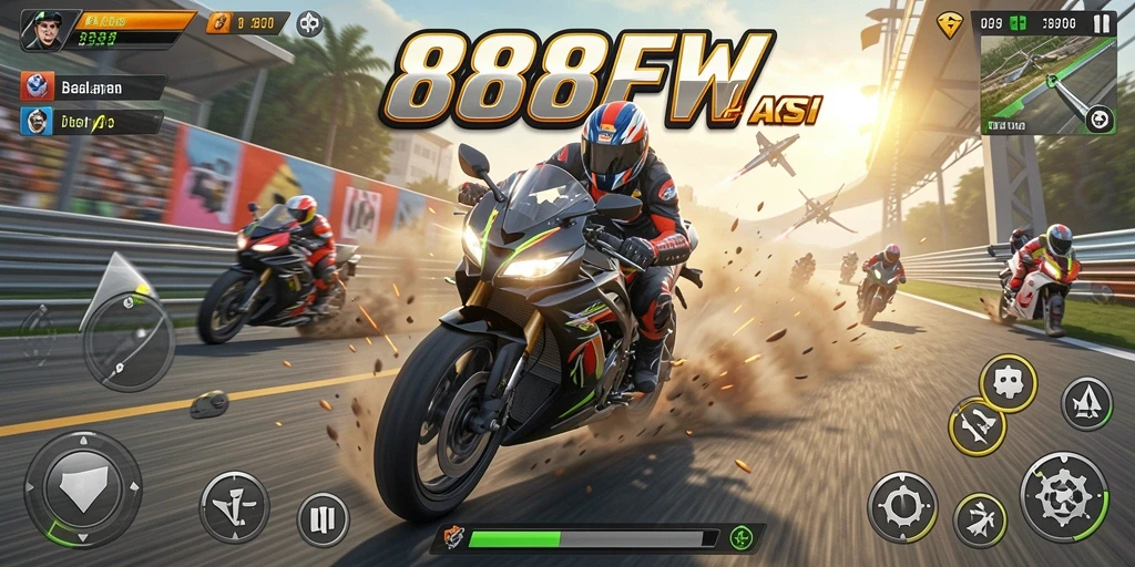 Screenshot gameplay 888FW menampilkan aksi balapan motor yang seru.