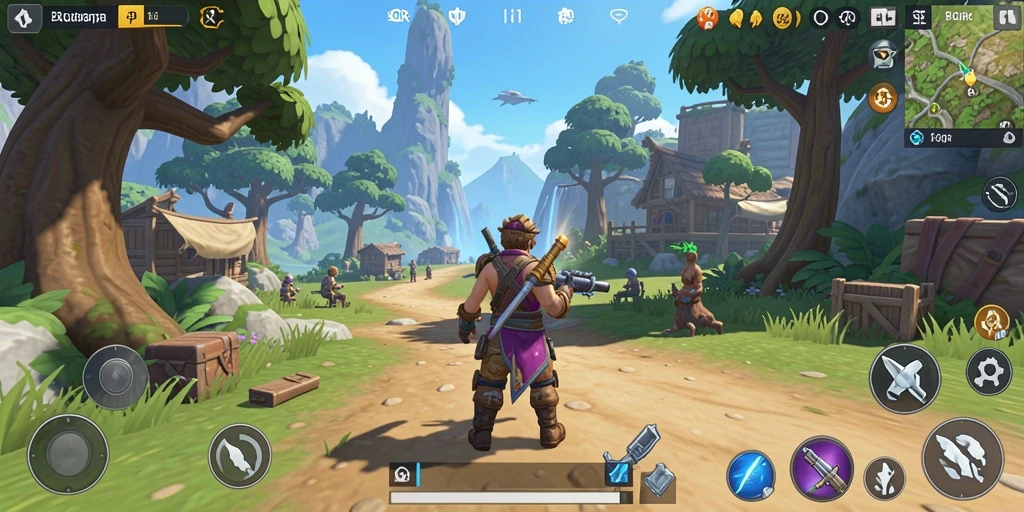 Screenshot gameplay 8QR menampilkan petualangan yang seru di dunia terbuka.