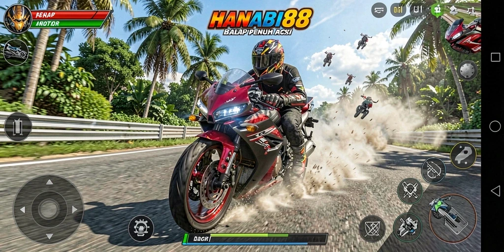 Tampilan gameplay seru dari HANABI88 yang penuh aksi balapan motor.
