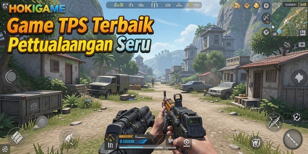 Tangkapan layar HOKIGAME yang menunjukkan pertempuran mendebarkan dalam mode TPS.