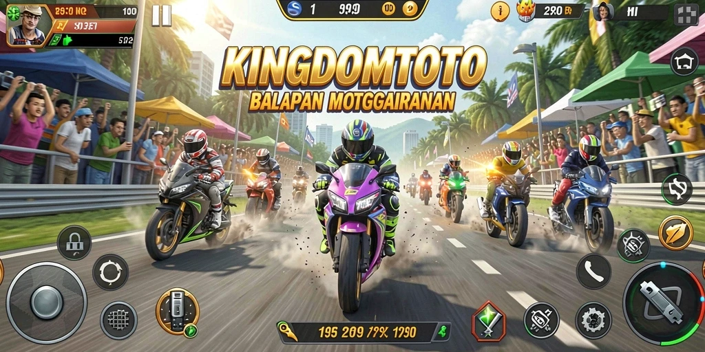 Tampilan gameplay mendebarkan dari KINGDOMTOTO dengan aksi balapan motor yang seru.