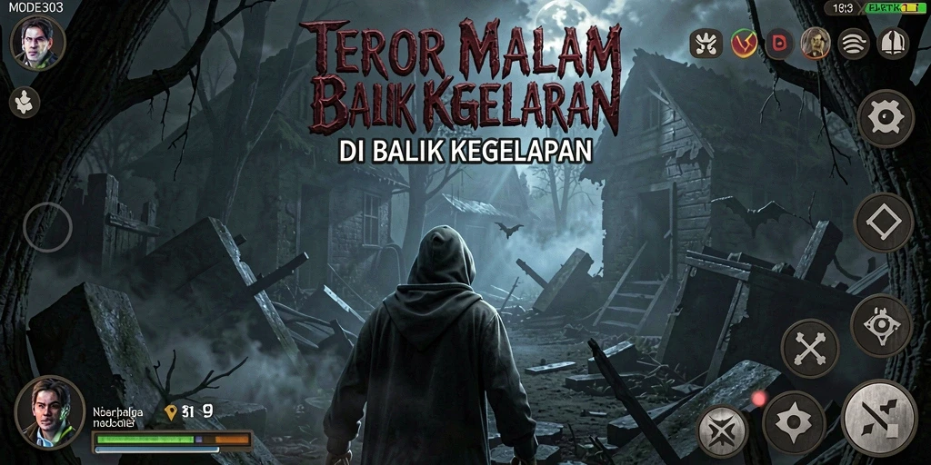 Tampilan gameplay menyeramkan dari MODE303 dengan efek visual yang mencekam.