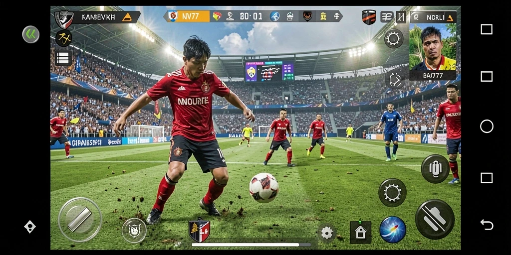 Screenshot utama NV77 menampilkan aksi intens di lapangan sepak bola.