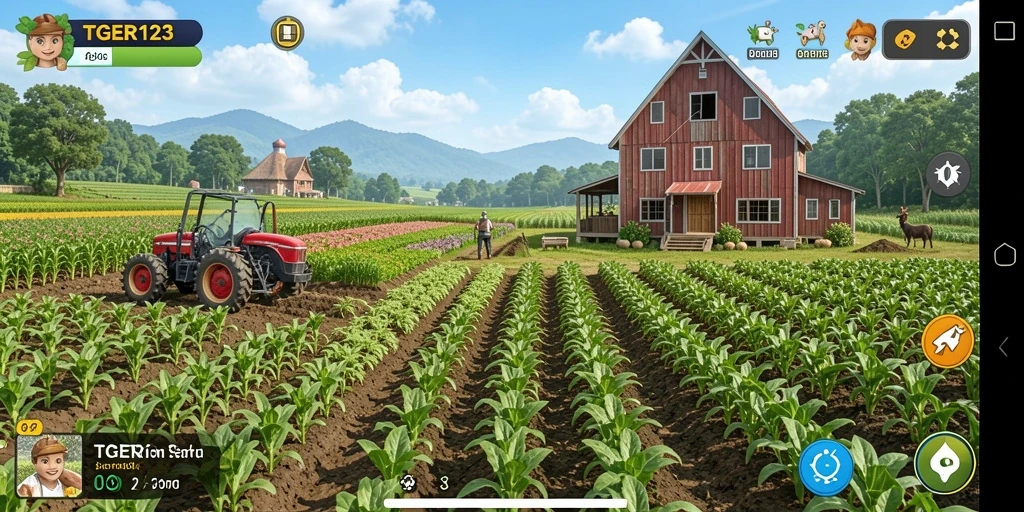 Tampilan gameplay TGER123 dengan lahan pertanian yang subur dan beragam tanaman.